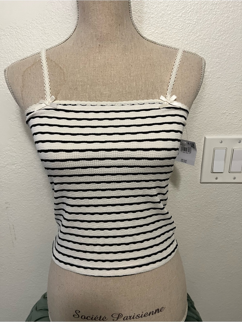 American Eagle Outfitters Black & White Striped Lace-Trim Cami
